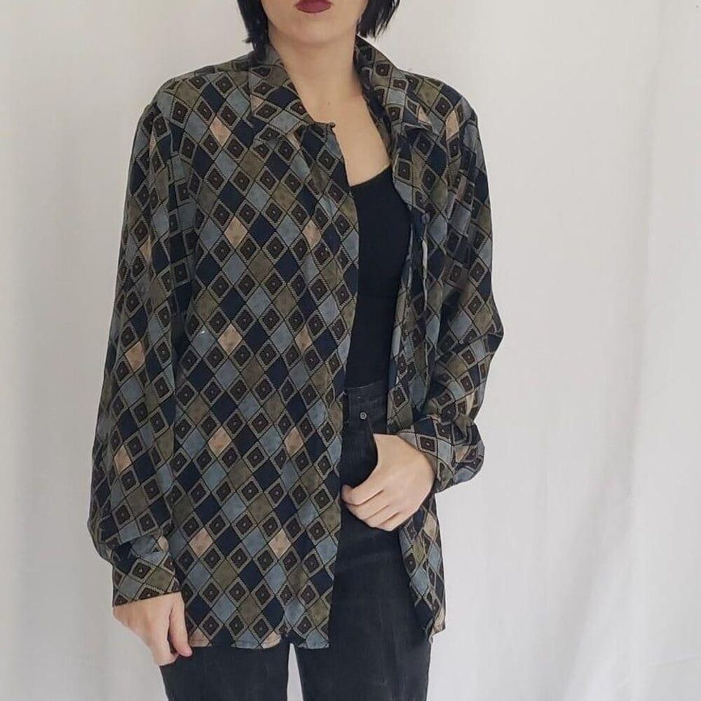 80s/90s Green,Blue, and Purple Silk Button‎ Down